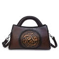 Retro brown gradient leather shoulder bag with vintage embossed traditional pattern - Coffee