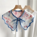 Floral print decorative faux collar shawl with blue ribbon tie on white tee - 12F Butterfly Collar - Pink Blue Flower
