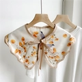 Elegant ivory faux silk shawl collar with vintage autumn leaf and bird print - 13F Butterfly Collar - Purple Bird Yellow Leaf