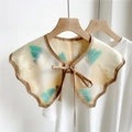 Floral print shawl scarf in beige with crane pattern and dark brown trim closure - 14F Butterfly Collar - Cloud Mountain Crane