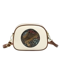 Retro cream crossbody bag with brown leather trim and embossed elephant art design - White