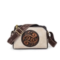 Vintage beige crossbody bag with dark brown embossed dragon motif and woven strap - Beige