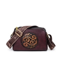 Retro burgundy crossbody bag with embossed cloud patterns and wide jacquard strap - Burgundy