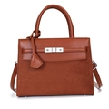 Brown leather and suede handbag with silver metal buckle and adjustable shoulder strap - Tan