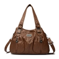 Retro dark brown large tote bag with vintage washed texture and flower embossed zippers - Brown