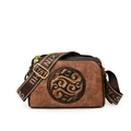 Vintage brown embossed leather crossbody bag with ethnic patterns and wide woven strap - Yellow Brown