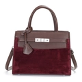 Elegant two-tone tote bag in burgundy suede and brown leather with silver metal lock - Burgundy