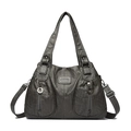 Vintage dark gray PU leather tote bag with dual front zippers and brand metal plate - Gray