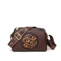 Vintage embossed dark brown crossbody bag with retro ethnic round pattern and wide strap - Brown