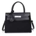 Women's black trapezoid handbag with silver buckle and suede panel detail - Black