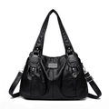 Classic black vintage faux leather tote with dual handles and adjustable shoulder strap - Black