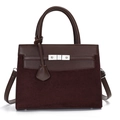 Dark burgundy shoulder bag with leather and suede splicing and metallic clasp closure - Dark Brown