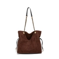 Brown frosted suede bucket bag with black leather and gold metal chain strap on white background - Brown