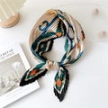 Beige pleated square scarf with chain pattern and geometric abstract designs for women - Orange Check Horse Frame