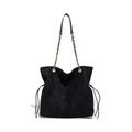 Minimalist black suede drawstring bucket bag with gold chain strap for women - Black