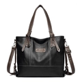 Classic black leather tote bag with brown handles and white contrast stitching detail - Black