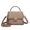 Chic brown patchwork leather handbag with metal buckle and detachable crossbody strap - Khaki