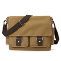 Retro khaki canvas messenger bag with adjustable shoulder strap and dual front pockets - Coffee