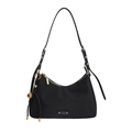 Minimalist black hobo bag with gold hardware and spherical pendant detail - Black