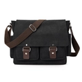 Men's black canvas messenger bag with brown straps and multi-pocket utility design - Black