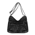 Sac bandoulière rétro en denim délavé gris foncé avec poches zippées et sangle réglable - Noir