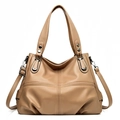 Minimalist beige patchwork tote bag with high-quality pebbled texture and shoulder strap - Khaki