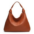 Brown woven PU leather hobo tote bag with structured design and smooth handle - Brown