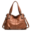 Vintage caramel litchi grain leather tote bag with crossbody strap and cross stitch detail - Brown