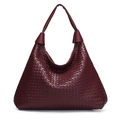Woven PU leather tote bag in burgundy with large capacity and minimalist design - Burgundy