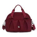 Grande borsa a mano in nylon bordeaux con pieghe, tracolla e logo in argento lucido - Rosso