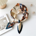 Pleated square scarf for women in cream with orange floral print and navy border - White Cat Orange Flower