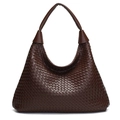 Dark brown woven leather tote bag with thick braided texture and smooth handle - Brown