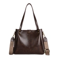 Dunkelbraune Shopper-Tasche aus Kunstleder mit gewebtem Gurt und Goldnieten - Braun