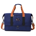 Large blue travel bag with brown handles and a separate bottom compartment for fitness - Dark Blue