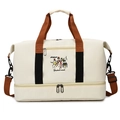 Large beige canvas sports travel bag with brown handles and a bottom shoe compartment - Off White