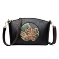 Retro black leather shell bag featuring elegant pink lotus relief and adjustable strap - Black