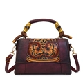 Vintage dark brown embossed floral leather tote bag with unique bamboo handle accents - Dark Brown