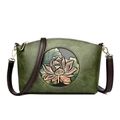 Forest green crossbody bag with vintage lotus embossing and litchi texture leather - Green