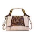 Retro cream white shoulder bag with floral embossed panel and bamboo style handle - Beige