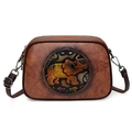 Vintage brown leather crossbody bag with ethnic elephant relief and double zipper layers - Brown