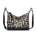 Sac bandoulière tendance à motif léopard avec patchwork en cuir noir et pompons - Kaki