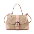 Pink and beige contrast leather handbag with suede panels and silver buckle detail - Pink