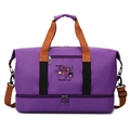 Large purple travel bag with orange handles and cartoon print showing independent bottom pocket - Purple
