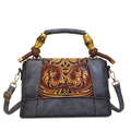 Vintage dark grey ethnic tote with brown floral carving and bamboo handle accents - Gray