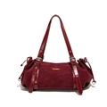 Borsa a mano in pelle rosso scuro con coulisse laterale e doppi manici a tracolla - Borgogna