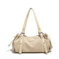 Elegante borsa tote crema in morbida pelle PU con doppie tracolle lunghe e fibbie - Bianco Sporco