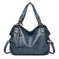 Blue-grey large capacity tote bag with tassel decor and adjustable shoulder strap - Blue