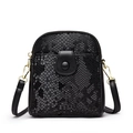 Minimalist black snakeskin embossed crossbody bag with gold hardware and flap pocket - Black