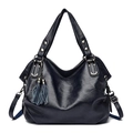 Large dark blue PU leather tote bag with dual tassels and silver hardware accents - Dark Blue