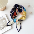 Navy and orange pleated square silk scarf with geometric art patterns for hair styling - Semicircle Leaf Navy Border